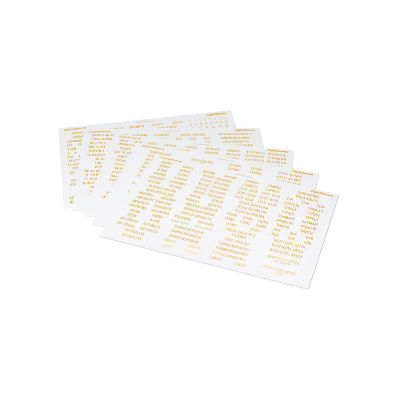 Landsetiketter med guldbokstäver, inklusive ytterligare etiketter, 6 sidor