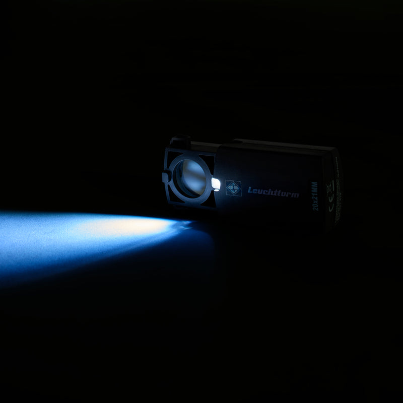 Uppfällbar lupp med LED-belysning, 20x förstoring, svart, Ø 18 mm